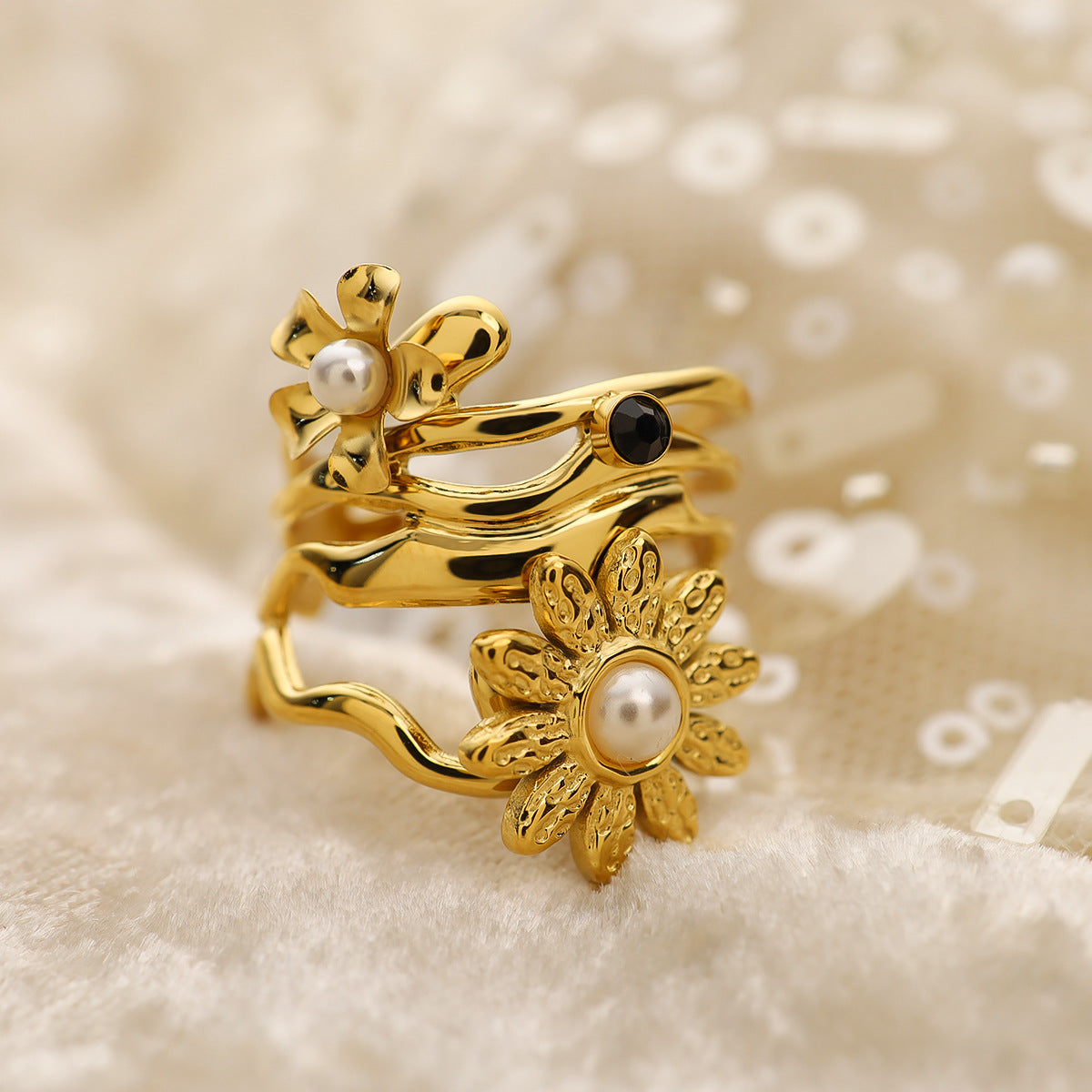 Artistic Floral Pearl Statement Rings