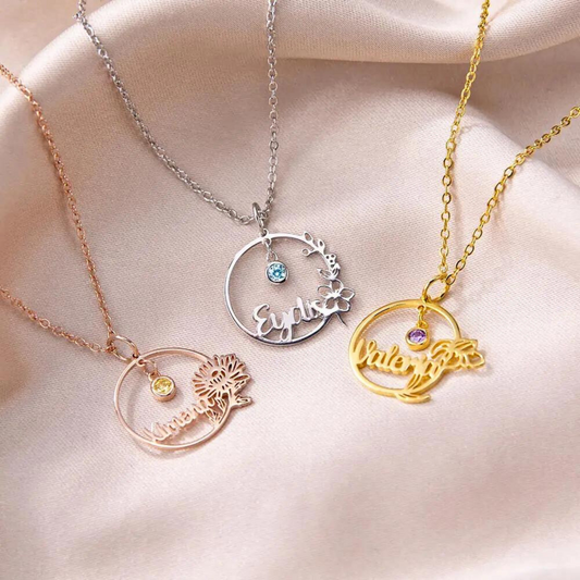 Custom Birthstone & Birth Flower Necklace with Name