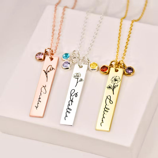 Engraved Birth Flower Bar Necklace with Birthstone