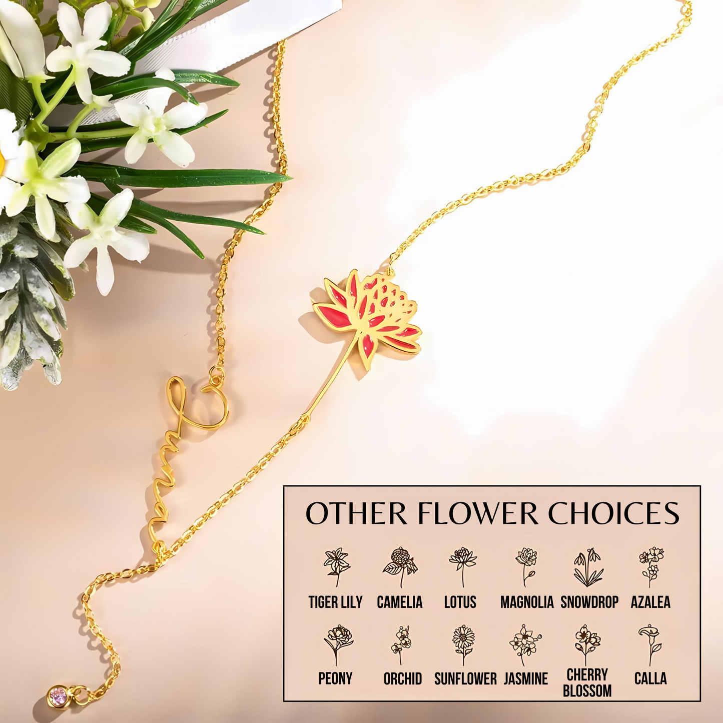 Birth Flower Name Y-Necklace with Birthstone