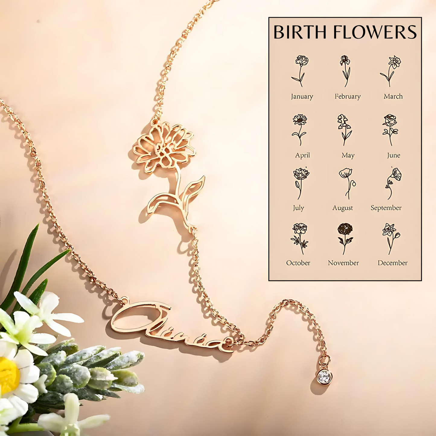 Birth Flower Name Y-Necklace with Birthstone