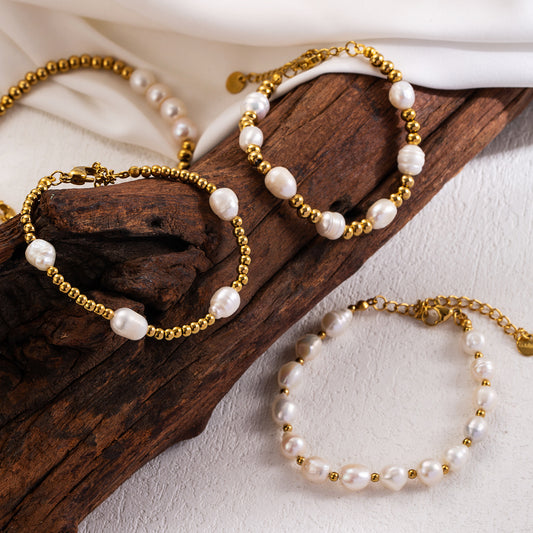 Gold Beaded Freshwater Pearl Bracelets