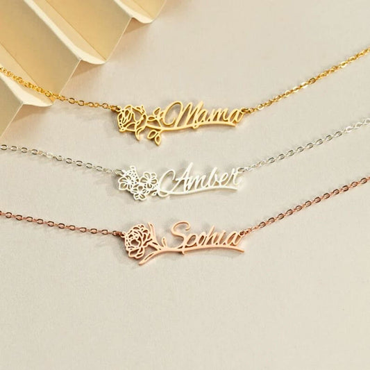 Personalized Name Birth Flower Necklace