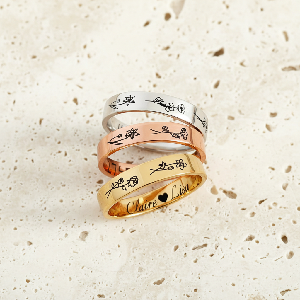 Engraved Birth Flower Band Ring