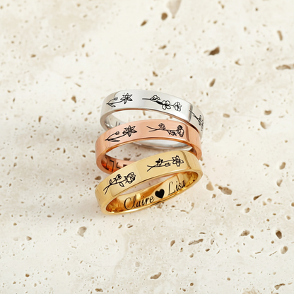 Engraved Birth Flower Band Ring