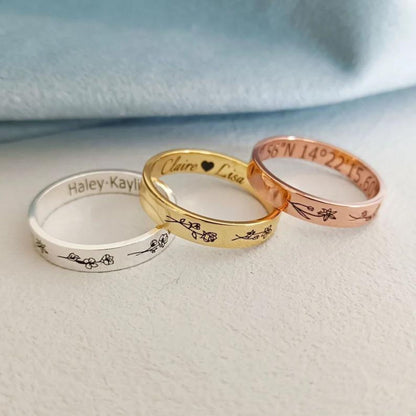 Engraved Birth Flower Band Ring