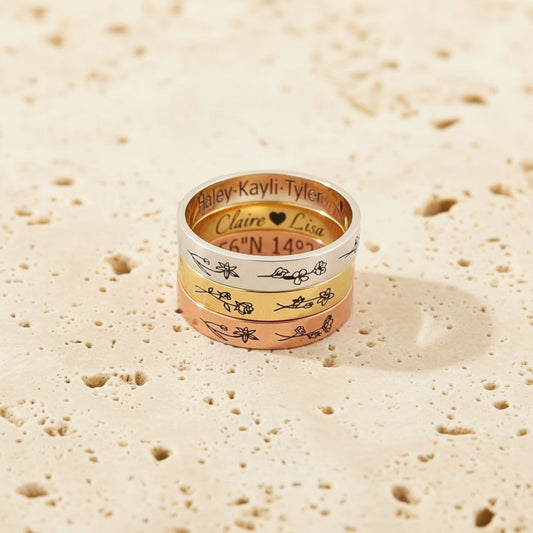 Engraved Birth Flower Band Ring