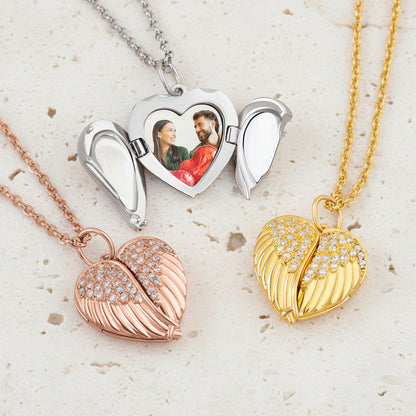 Custom Angel Wings Heart Photo Locket Necklace