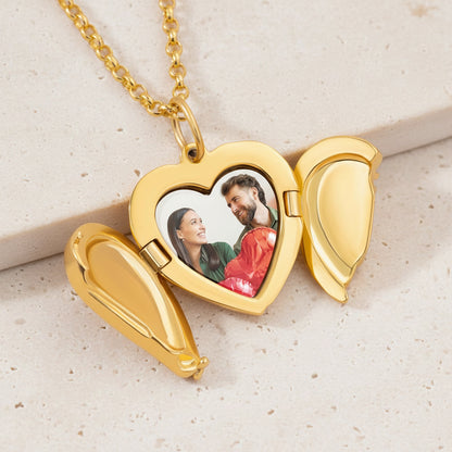Custom Angel Wings Heart Photo Locket Necklace