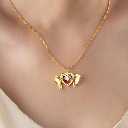 Custom Angel Wings Heart Photo Locket Necklace