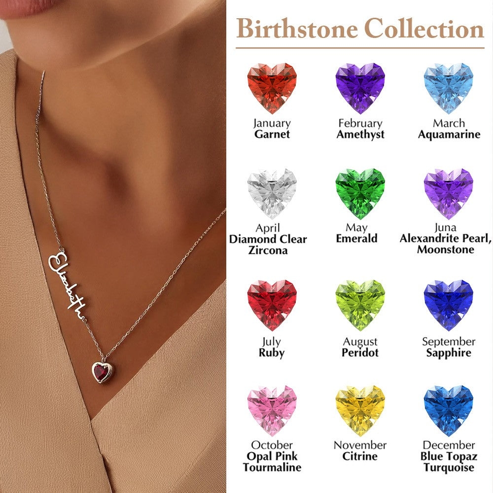 Personalized Heart Birthstone Necklace with Name