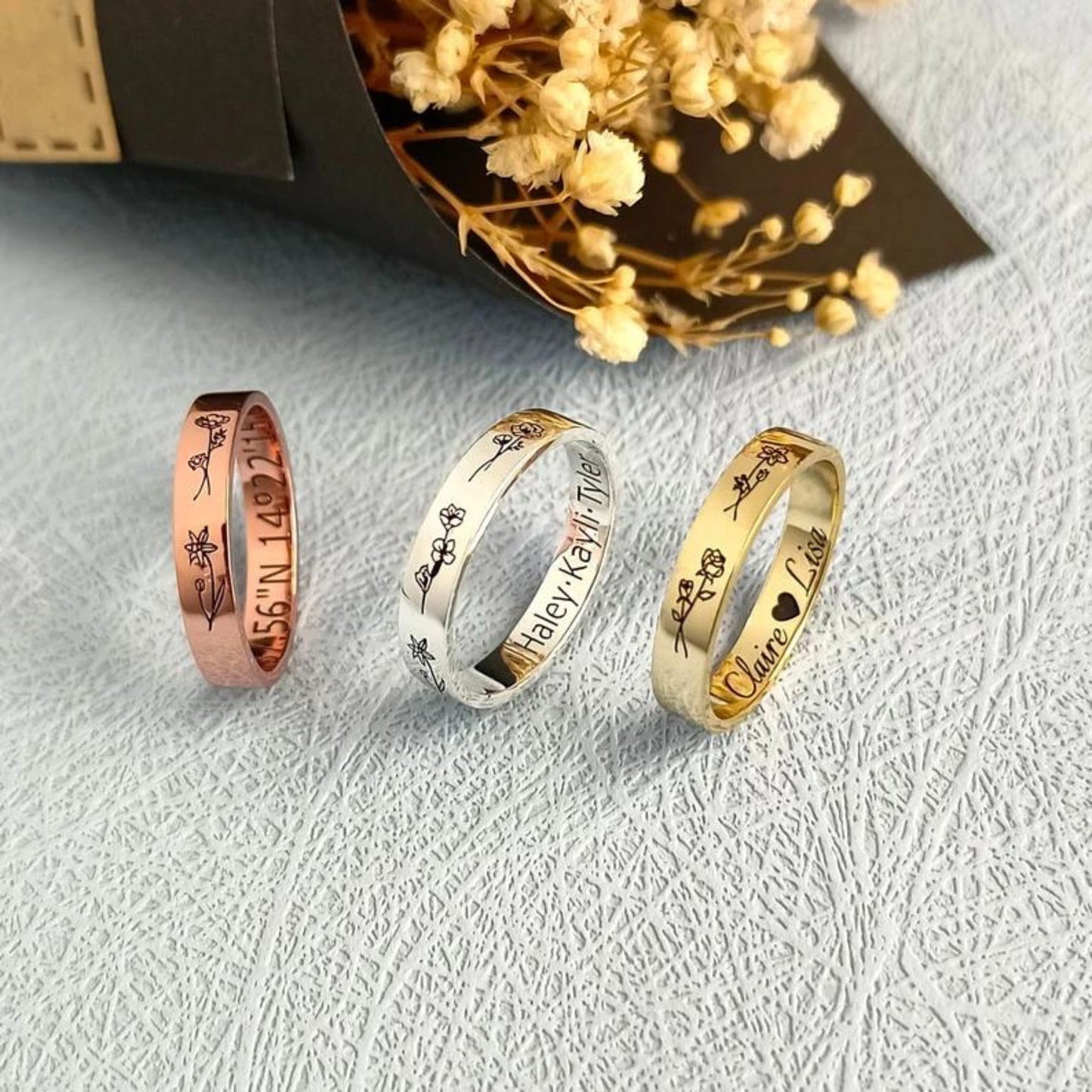 Engraved Birth Flower Band Ring