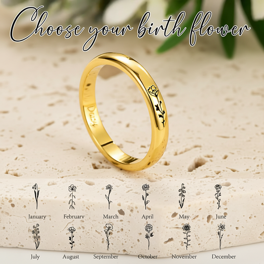 Custom Engraved Birth Flower Ring