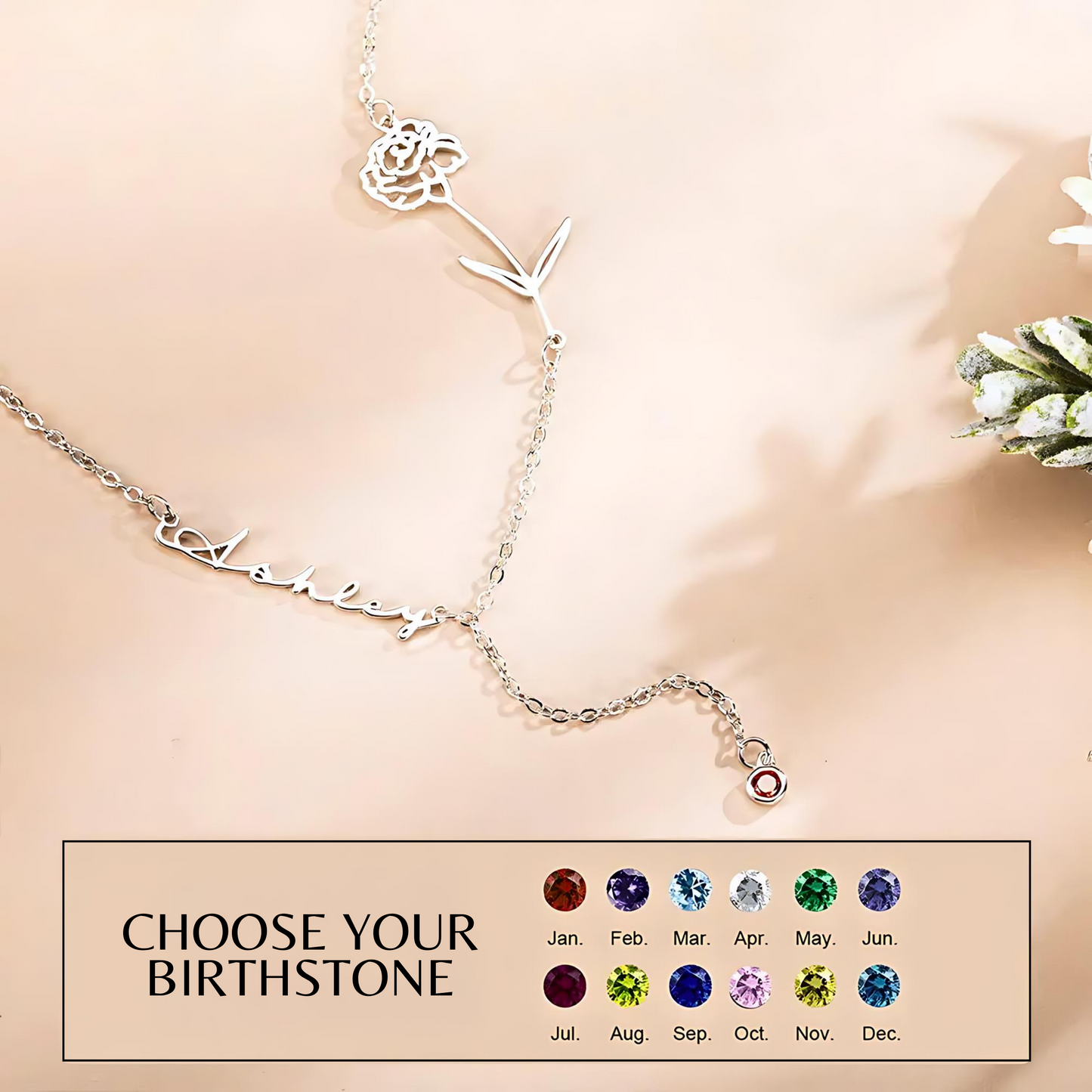 Birth Flower Name Y-Necklace with Birthstone