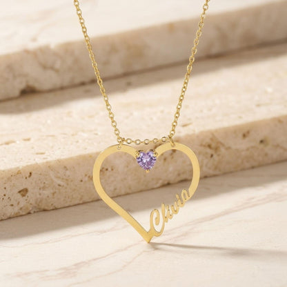Personalized Heart Necklace with Birthstone & Name