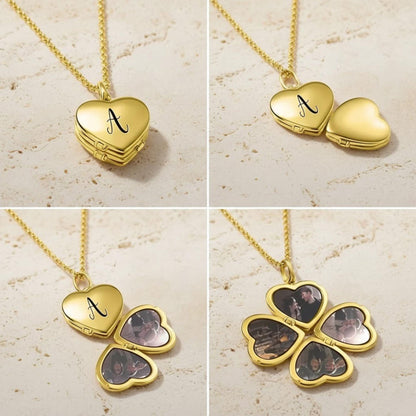 Custom 4 Photo Clover Heart Locket Necklace