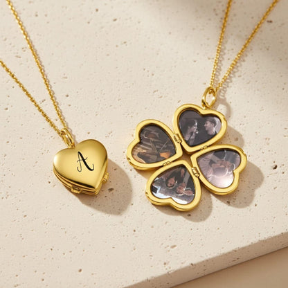 Custom 4 Photo Clover Heart Locket Necklace