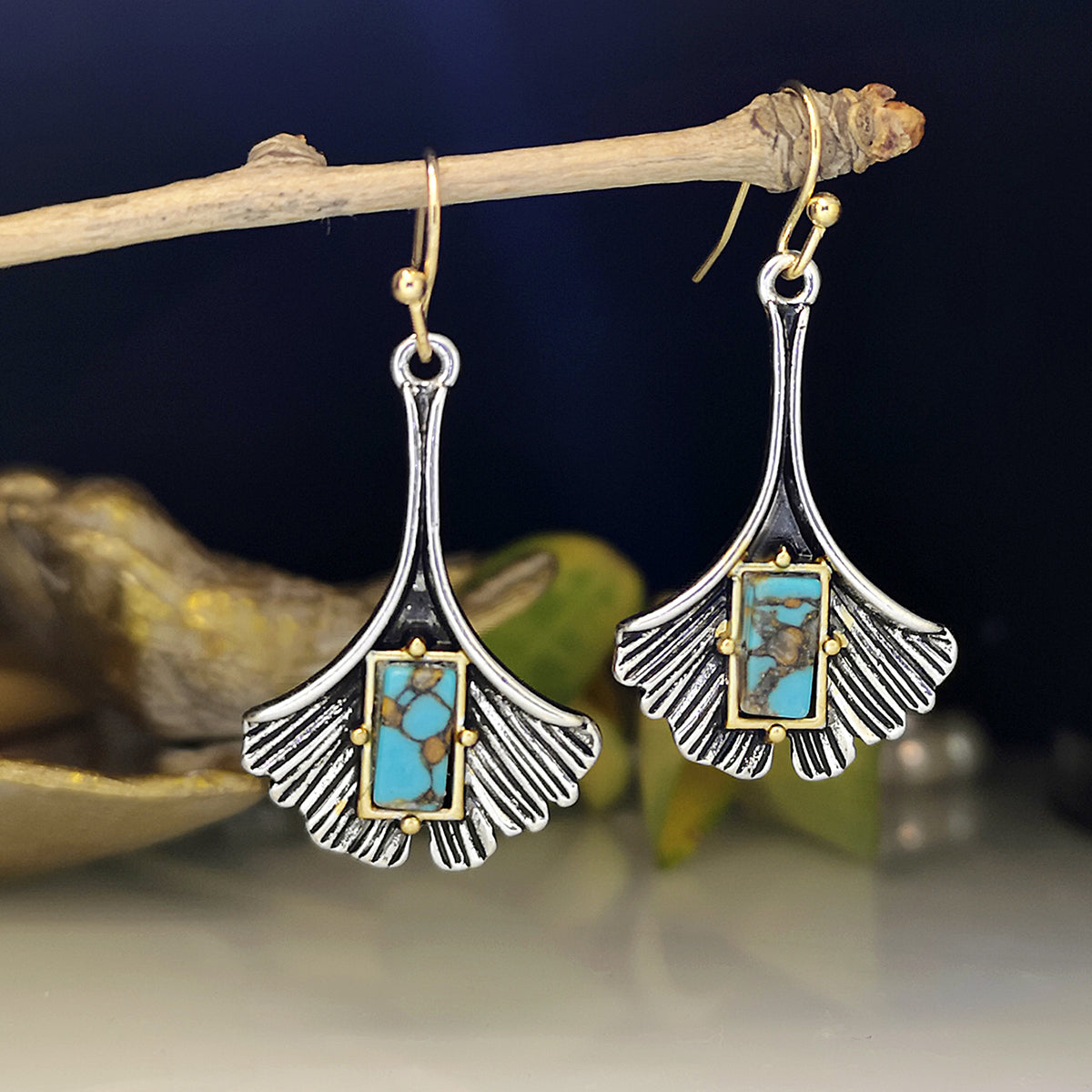 Ginkgo Boho Turquoise Silver Hook Earrings