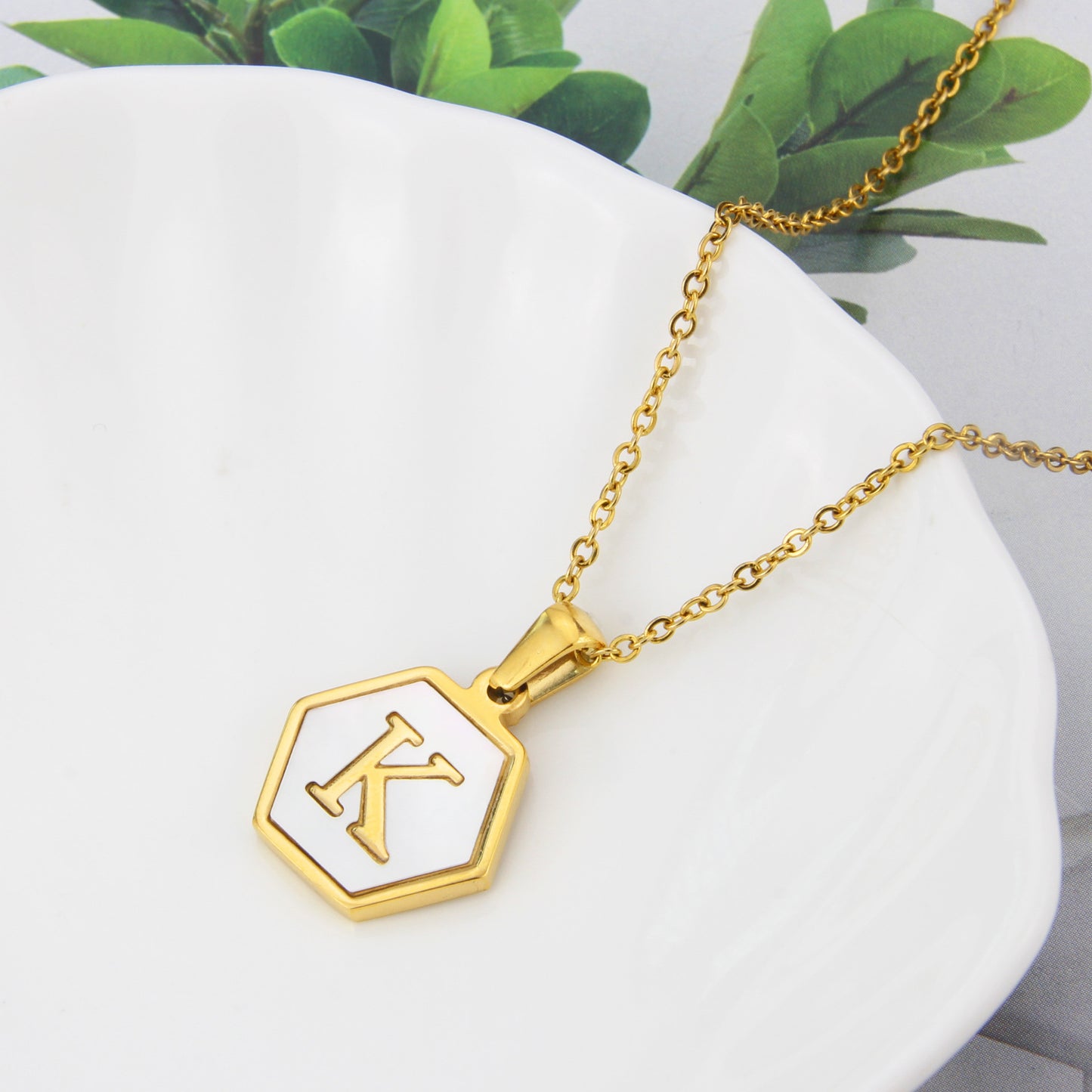 Hexagon Shell Initial Pendant Necklace