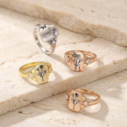 Combined Birth Flowers Signet Ring