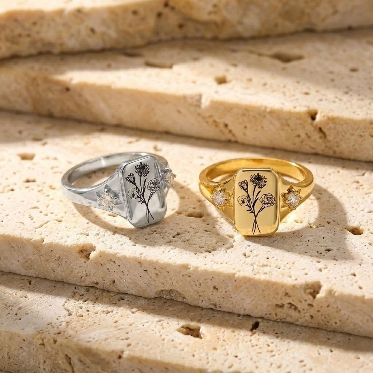Combined Birth Flowers Signet Ring