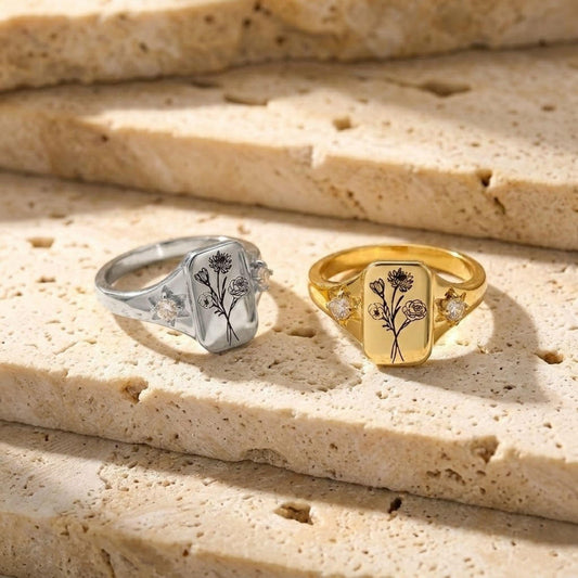 Combined Birth Flowers Signet Ring