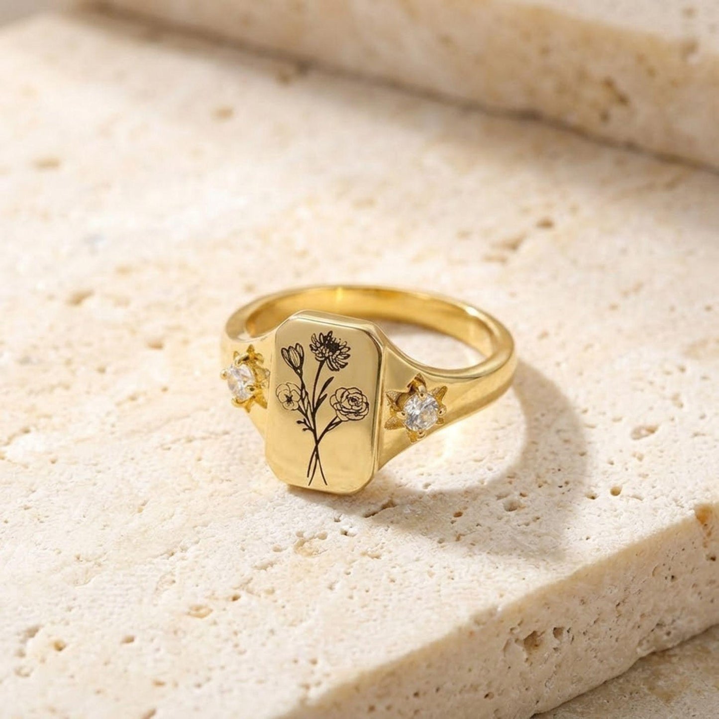 Combined Birth Flowers Signet Ring