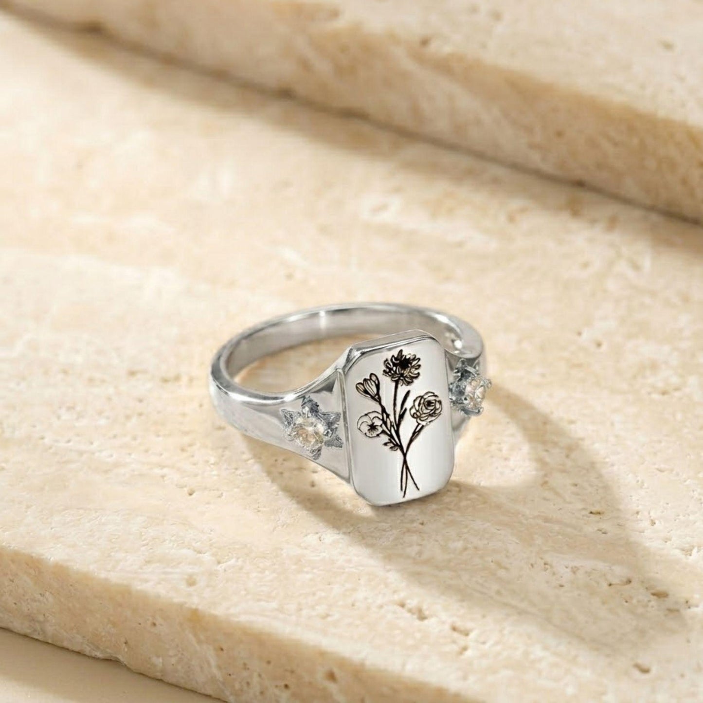 Combined Birth Flowers Signet Ring