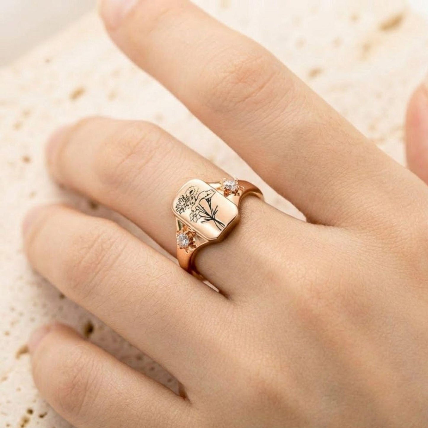 Combined Birth Flowers Signet Ring
