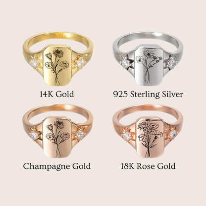 Combined Birth Flowers Signet Ring