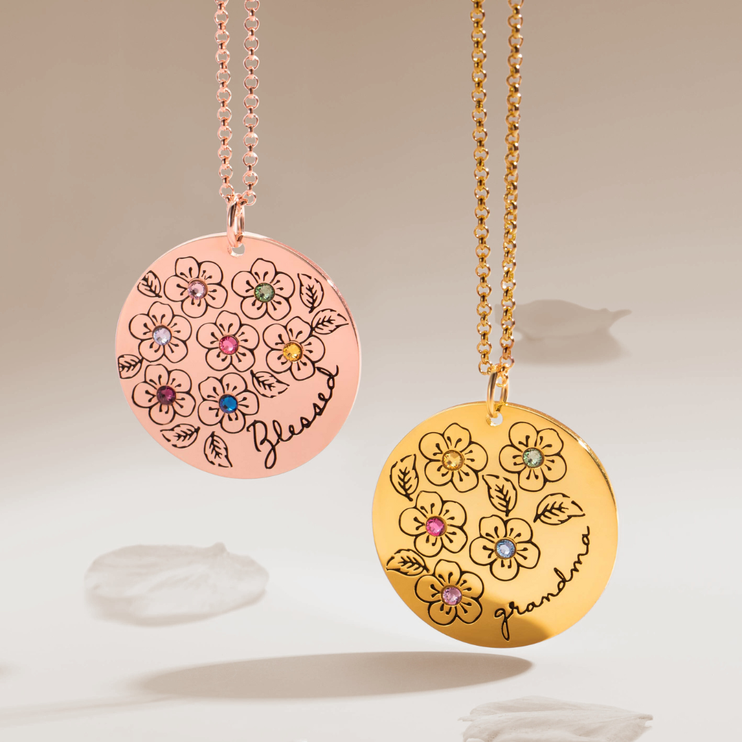 Personalized Birthstone and Birth Flowers Necklace with Name