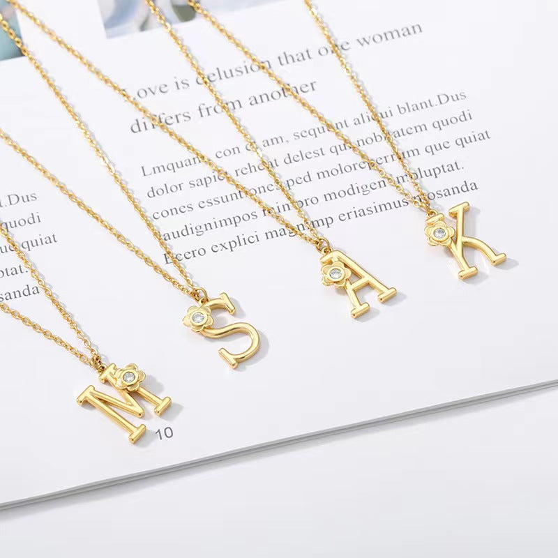 Dainty Initial with Flower Pendant Necklace