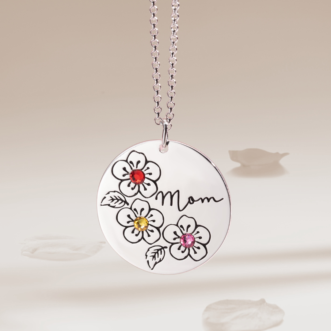 Personalized Birthstone and Birth Flowers Necklace with Name