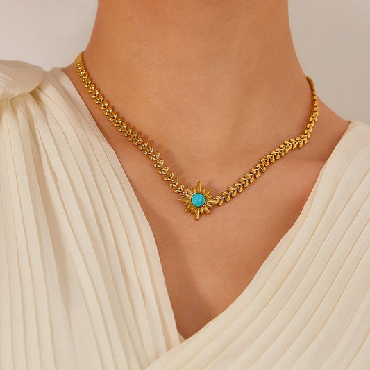 Boho Golden Sun Turquoise Chain Necklace