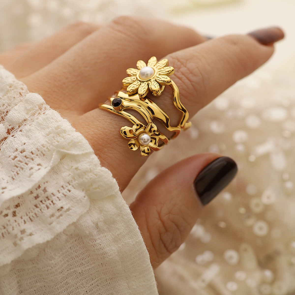 Artistic Floral Pearl Statement Rings