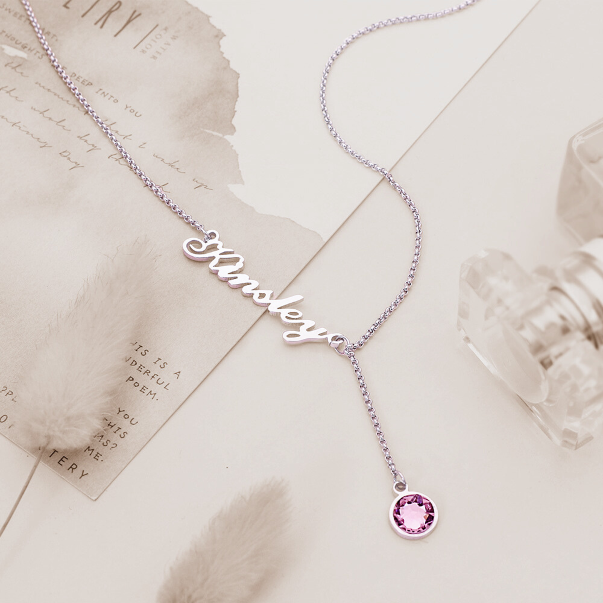 Personalized Name & Birthstone Lariat Necklace Sterling Silver 925