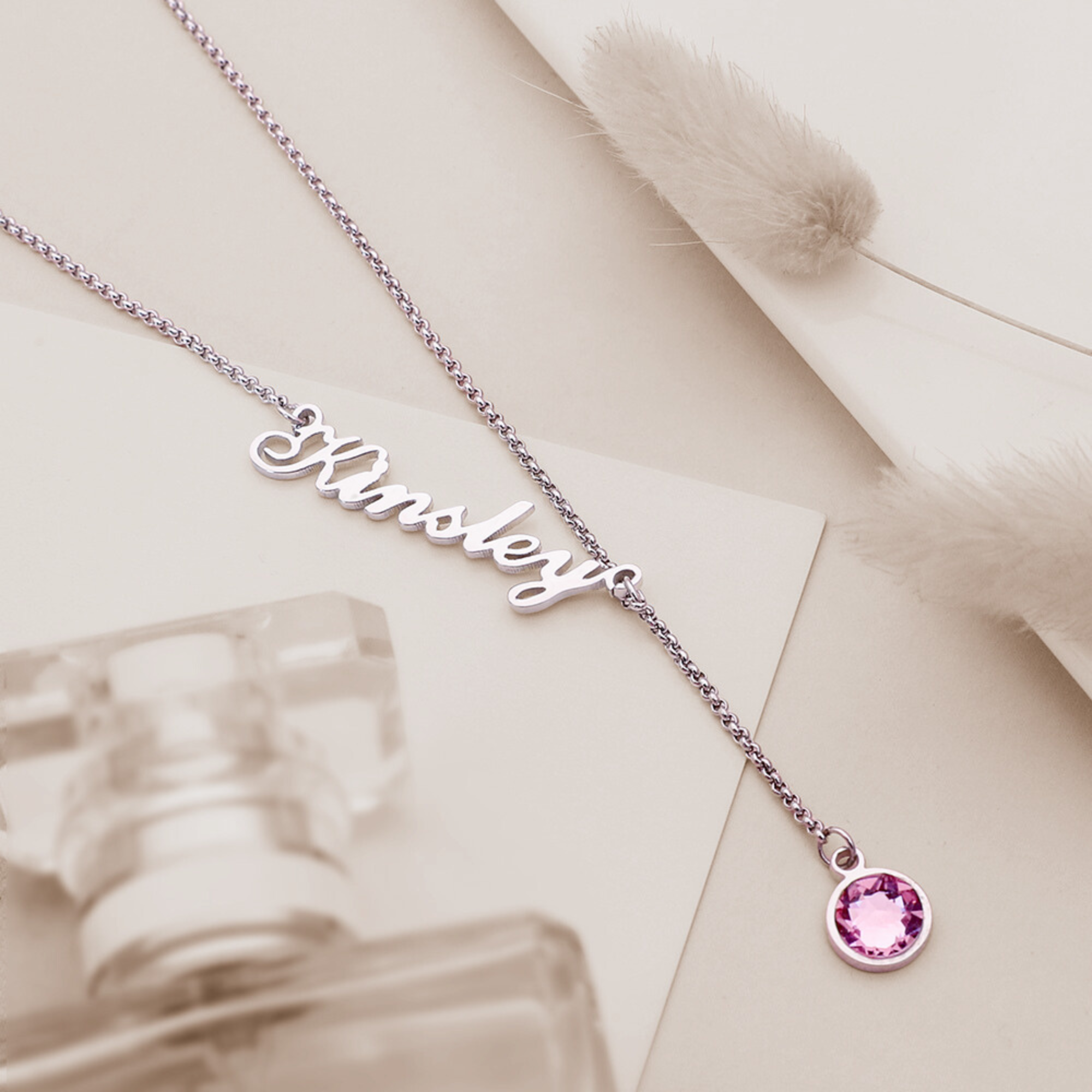 Personalized Name & Birthstone Lariat Necklace Sterling Silver 925