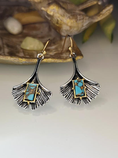 Ginkgo Boho Turquoise Silver Hook Earrings