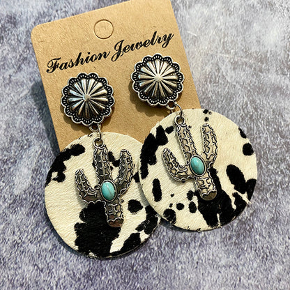 Western Cowhide Cactus Dangle Earrings