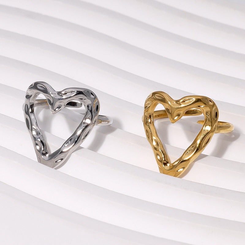 Hammered Hollow Heart Adjustable Rings