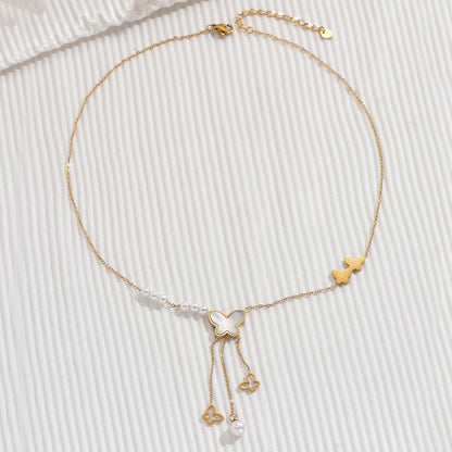 Dainty Shell Butterfly Layered Lariat Necklace