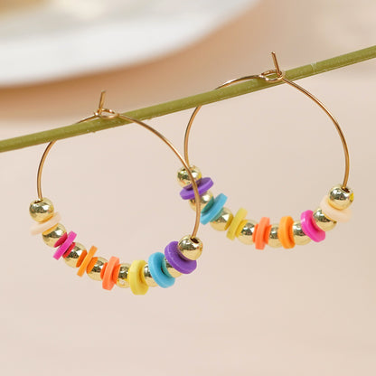 Golden Polymer Clay Beads Hoop Earrings