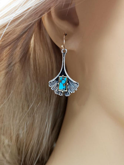 Ginkgo Boho Turquoise Silver Hook Earrings