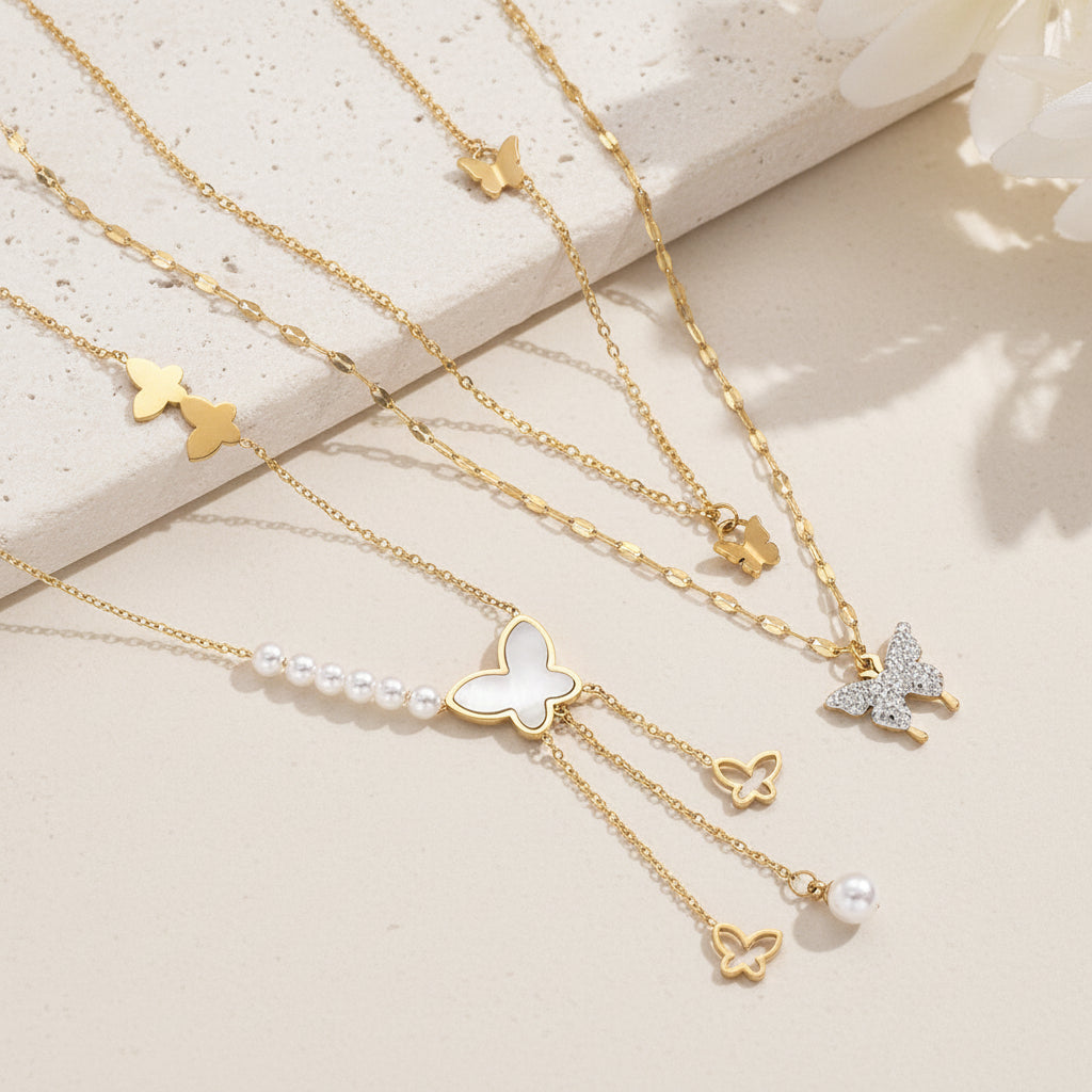 Dainty Shell Butterfly Layered Lariat Necklace