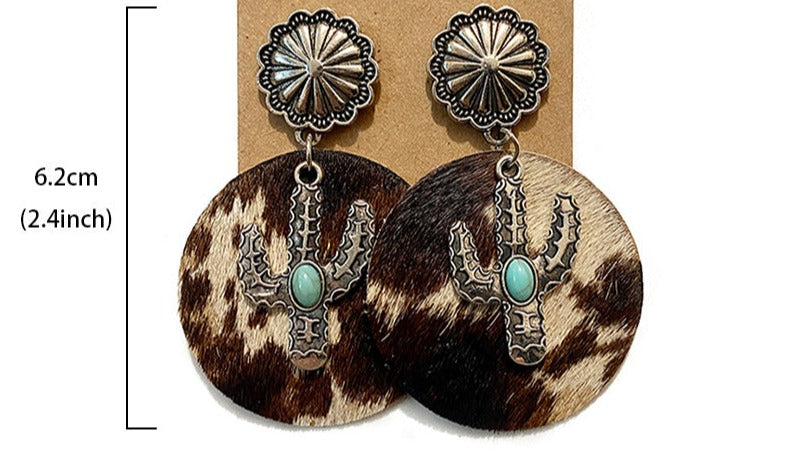 Western Cowhide Cactus Dangle Earrings