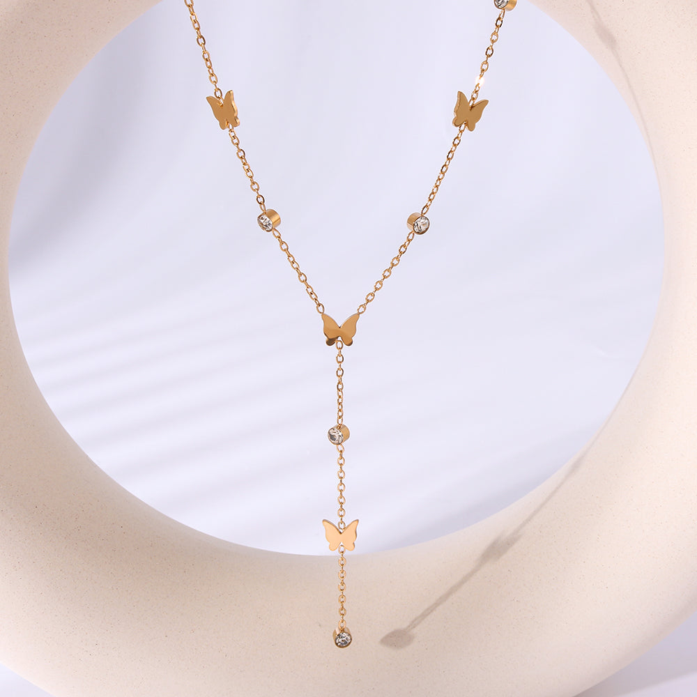 Dainty Butterfly Rhinestone Lariat Necklace