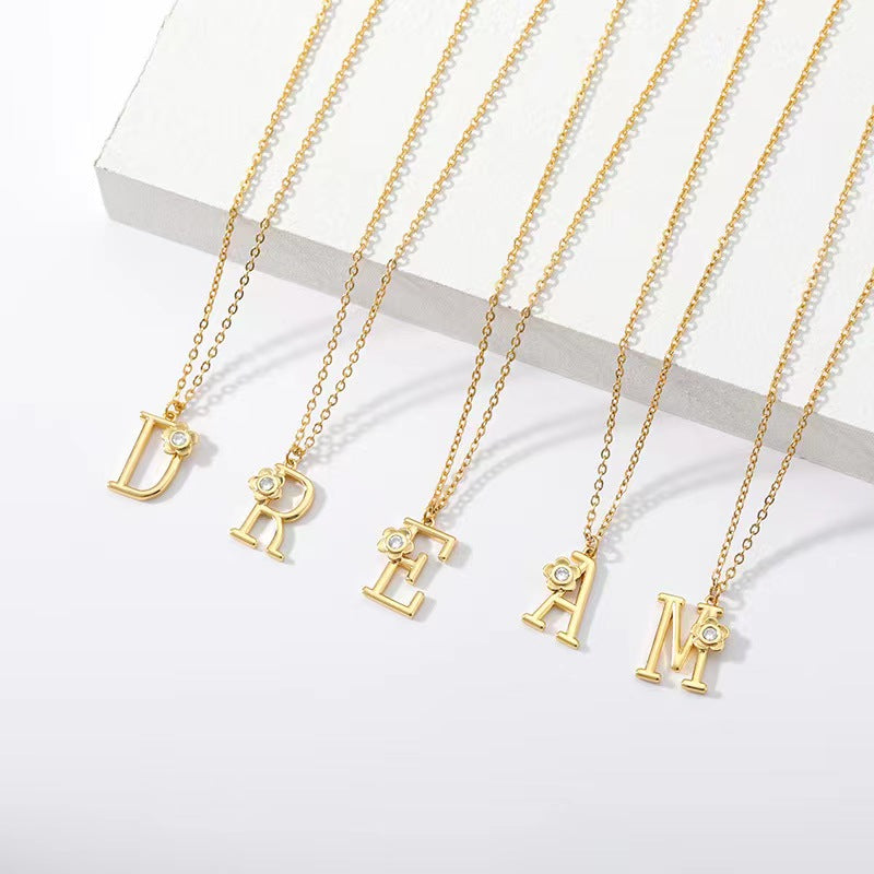 Dainty Initial with Flower Pendant Necklace