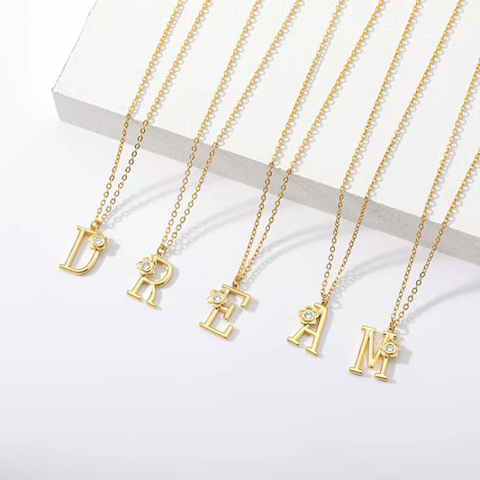 Dainty Initial with Flower Pendant Necklace