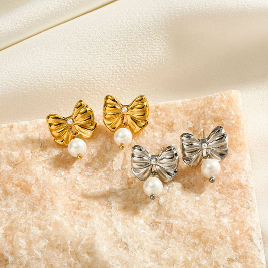 Minimalist Pearl Bow Stud Earrings