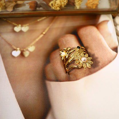 Artistic Floral Pearl Statement Rings